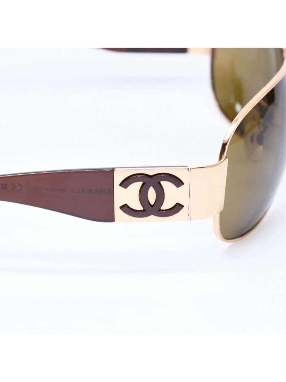 Chanel Side CC Logo Teardrop Sunglasses Metal Acetate Brown Gold Eyewear